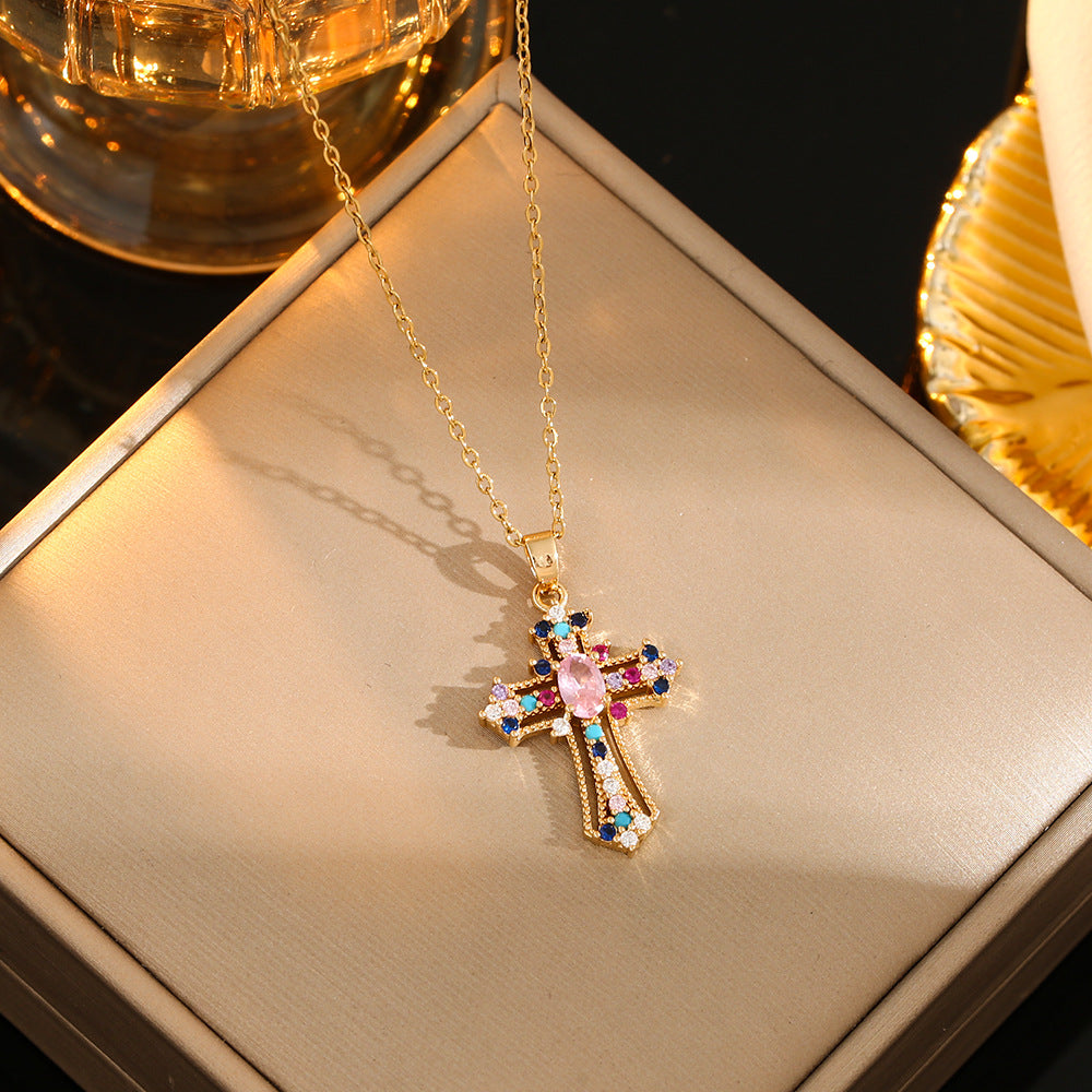 Stainless Steel Gold Plated Silver Plated Casual Commute Cross Inlay Zircon Pendant Necklace