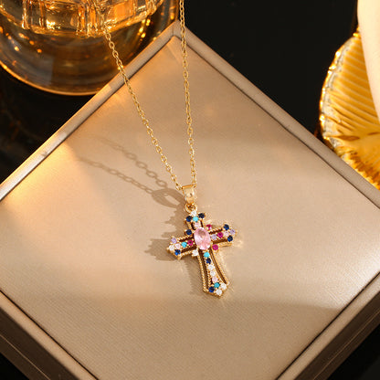 Stainless Steel Gold Plated Silver Plated Casual Commute Cross Inlay Zircon Pendant Necklace