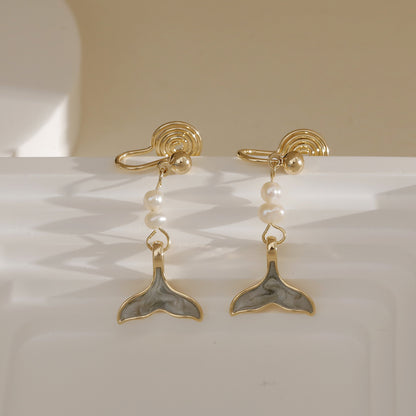 1 Pair Nordic Style Sweet Simple Style Fish Tail Enamel Pearl Copper 18K Gold Plated Drop Earrings Ear Cuffs