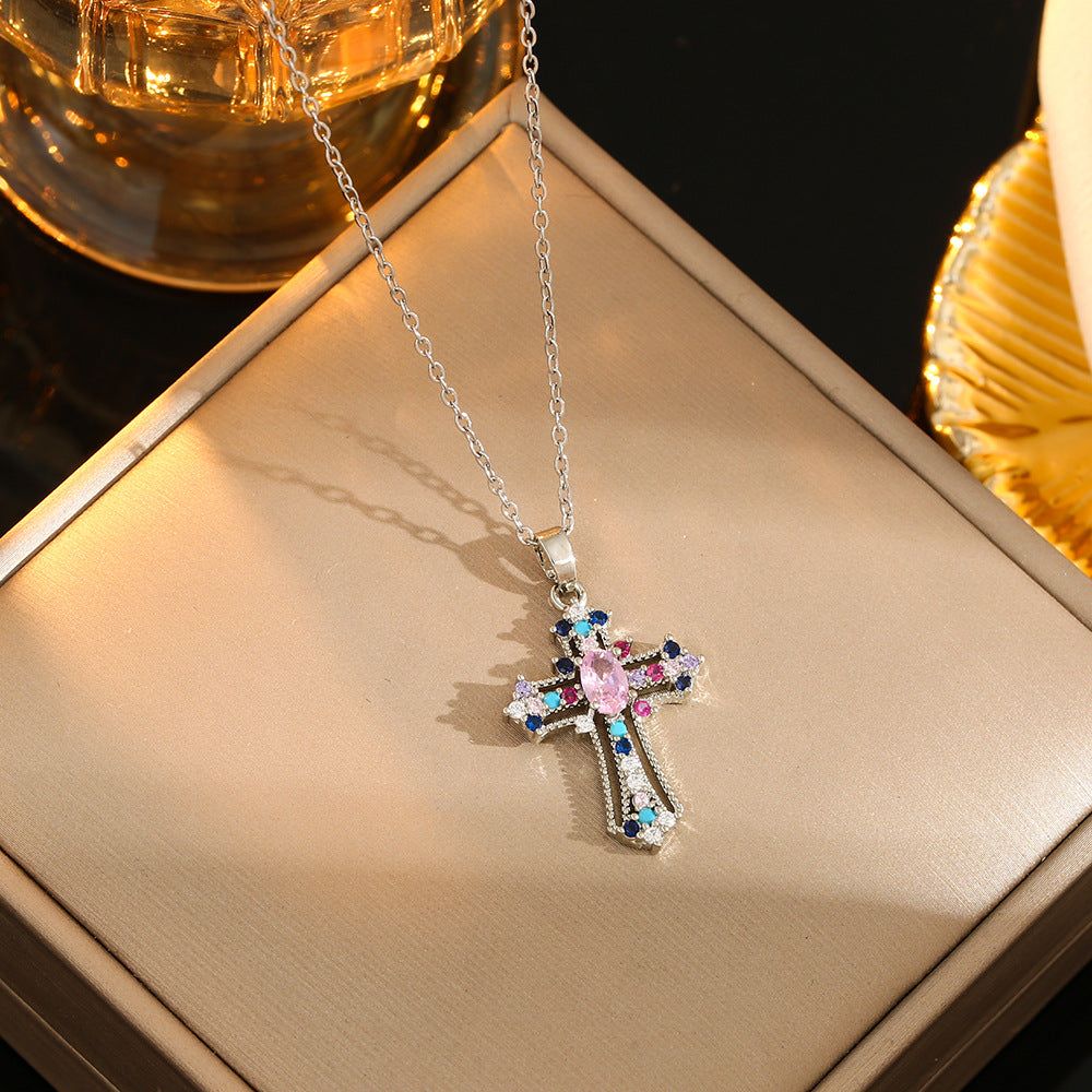 Stainless Steel Gold Plated Silver Plated Casual Commute Cross Inlay Zircon Pendant Necklace