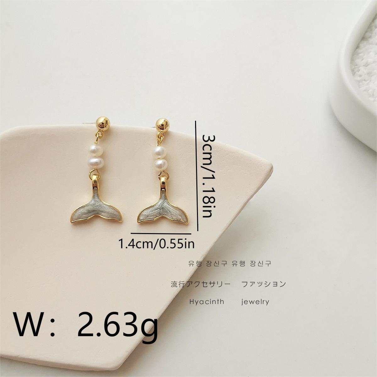 1 Pair Nordic Style Sweet Simple Style Fish Tail Enamel Pearl Copper 18K Gold Plated Drop Earrings Ear Cuffs