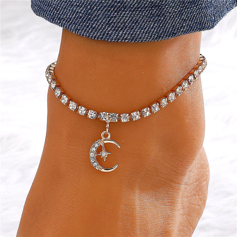 Vacation Simple Style Moon Heart Shape Copper Inlay Artificial Rhinestones Artificial Diamond Gold Plated Silver Plated Women's Anklet