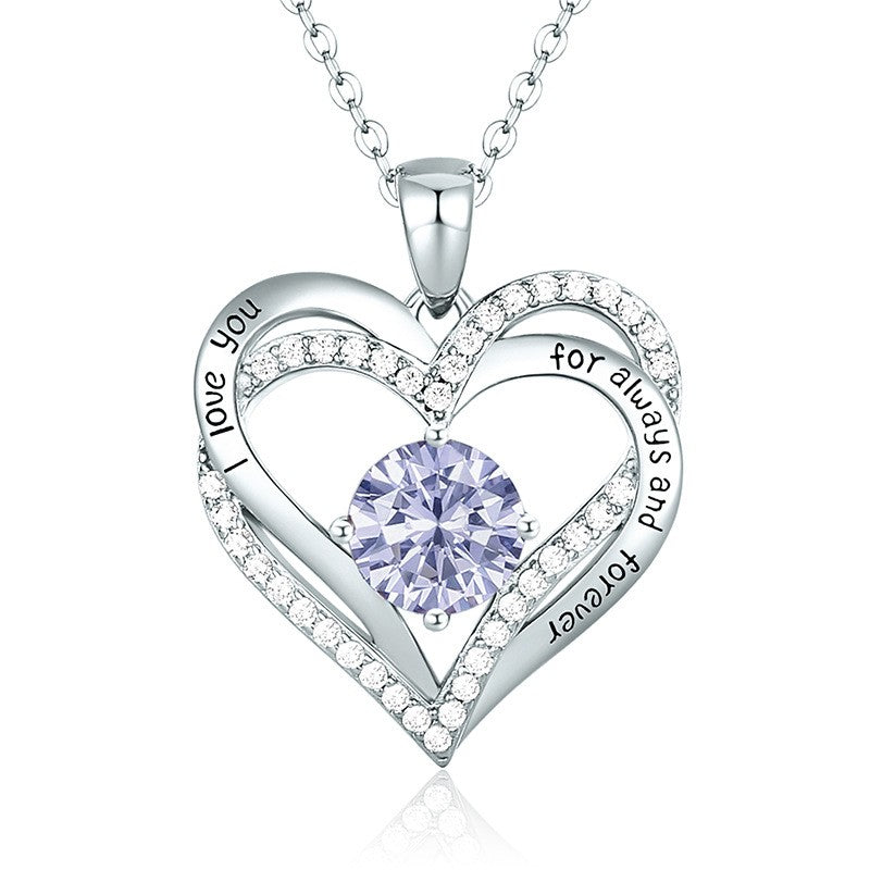 Sterling Silver MAMA Simple Style Shiny Letter Heart Shape Inlay Birthstone Zircon Pendant Necklace