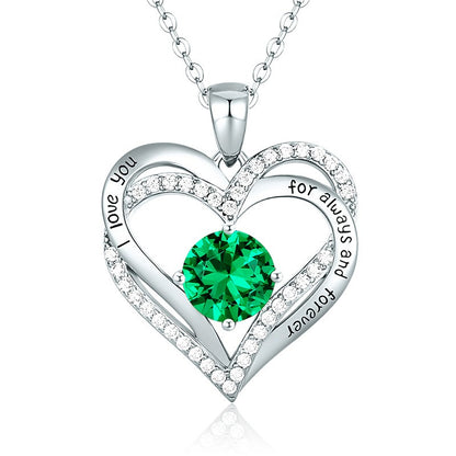 Sterling Silver MAMA Simple Style Shiny Letter Heart Shape Inlay Birthstone Zircon Pendant Necklace