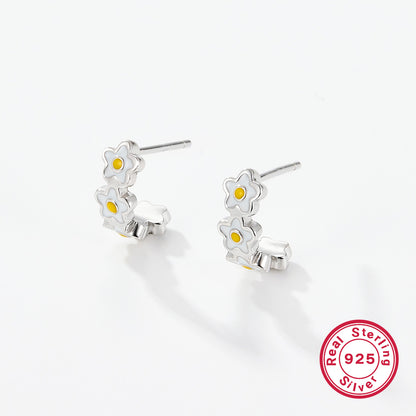 Sweet Pastoral Flower Sterling Silver Enamel White Gold Plated Women's Rings Earrings