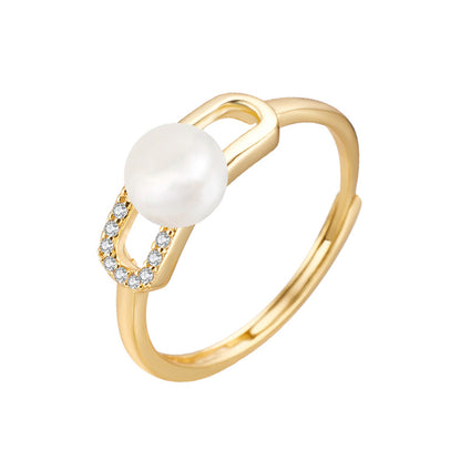 Sterling Silver 18K Gold Plated White Gold Plated Elegant Simple Style Geometric Polishing Hollow Out Inlay Pearl Zircon Open Rings