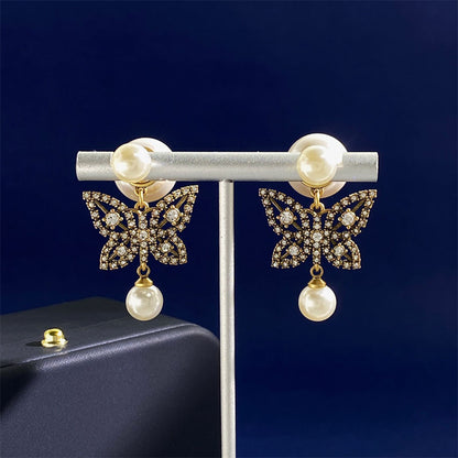 1 Pair Simple Style Commute Butterfly Plating Inlay Copper Rhinestones Pearl 18K Gold Plated Drop Earrings