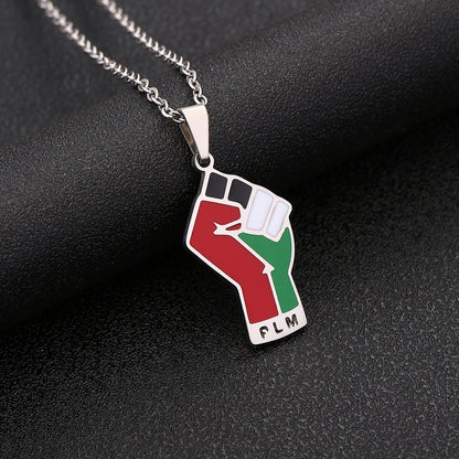 Stainless Steel IG Style Punk Map Letter Fist Enamel Hollow Out Pendant Necklace