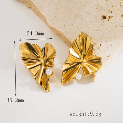 1 Pair Casual Simple Style Leaves Inlay Stainless Steel Artificial Pearls 18K Gold Plated Drop Earrings