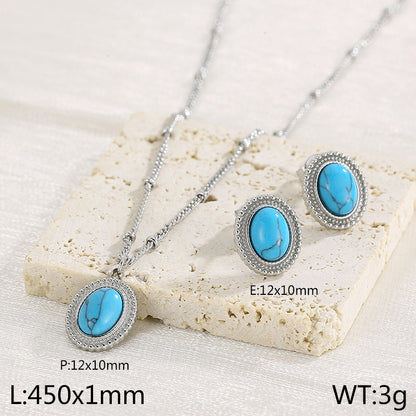 Stainless Steel Simple Style Oval Inlay Turquoise Earrings Necklace