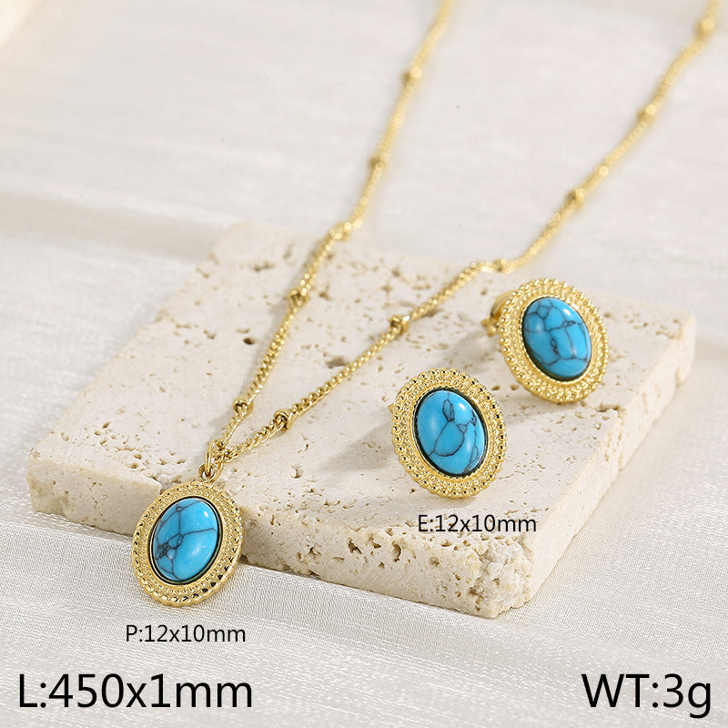 Stainless Steel Simple Style Oval Inlay Turquoise Earrings Necklace