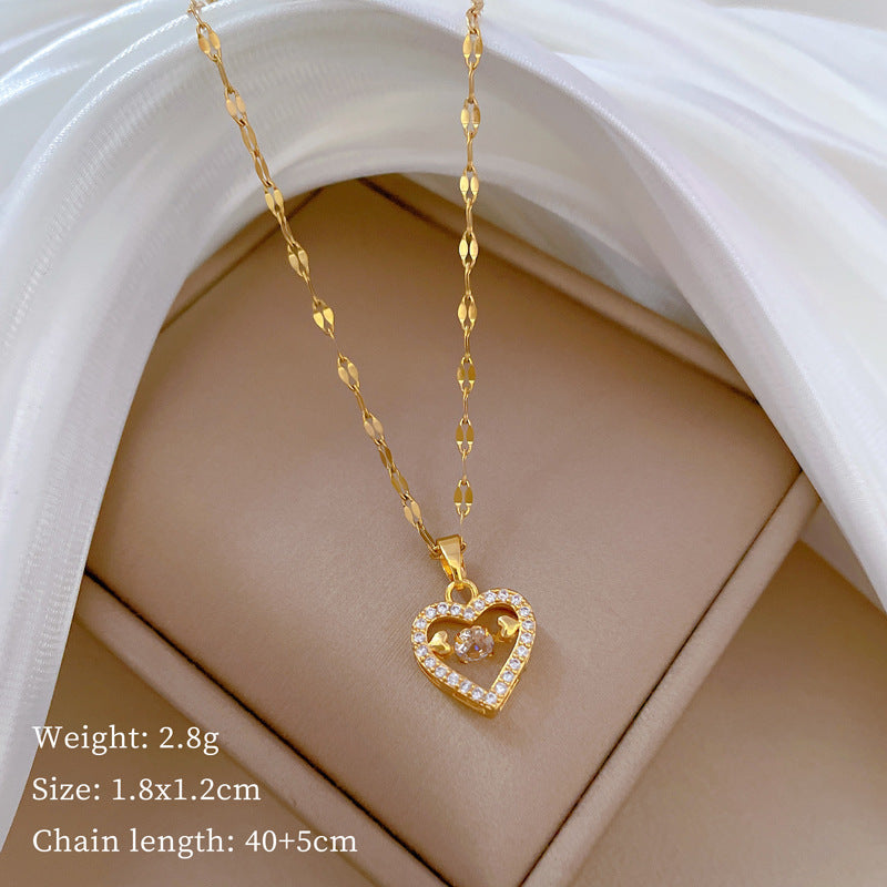 Titanium Steel IG Style Heart Shape Hollow Out Inlay Artificial Gemstones Pendant Necklace