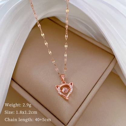 Titanium Steel IG Style Heart Shape Fox Hollow Out Inlay Artificial Gemstones Pendant Necklace