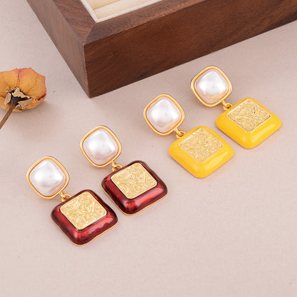 1 Pair Simple Style Classic Style Square Plating Inlay Copper Artificial Pearls 18K Gold Plated Drop Earrings