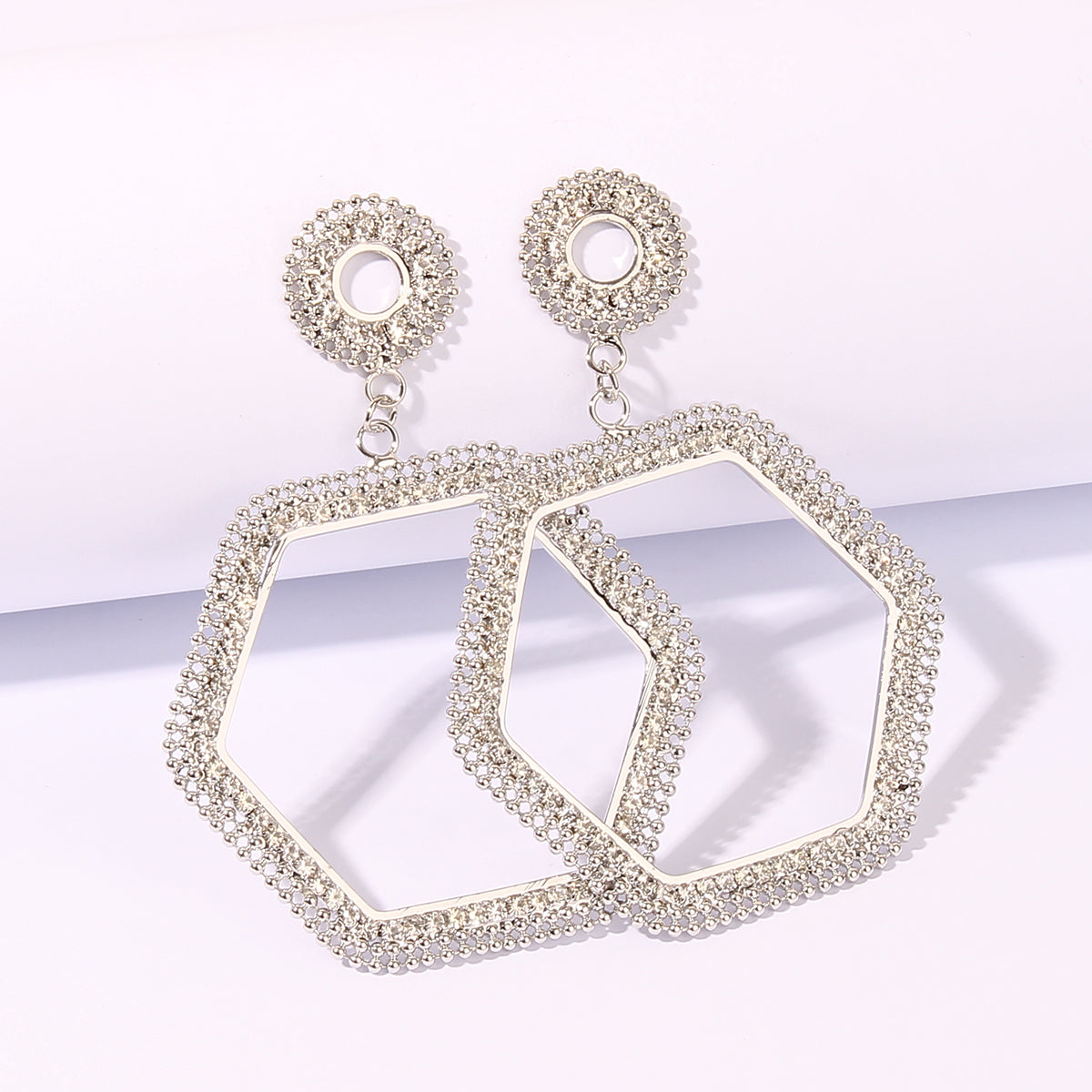 1 Pair Simple Style Hexagon Geometric Rhinestone Metal Rhodium Plated Drop Earrings