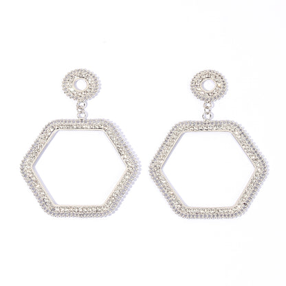 1 Pair Simple Style Hexagon Geometric Rhinestone Metal Rhodium Plated Drop Earrings