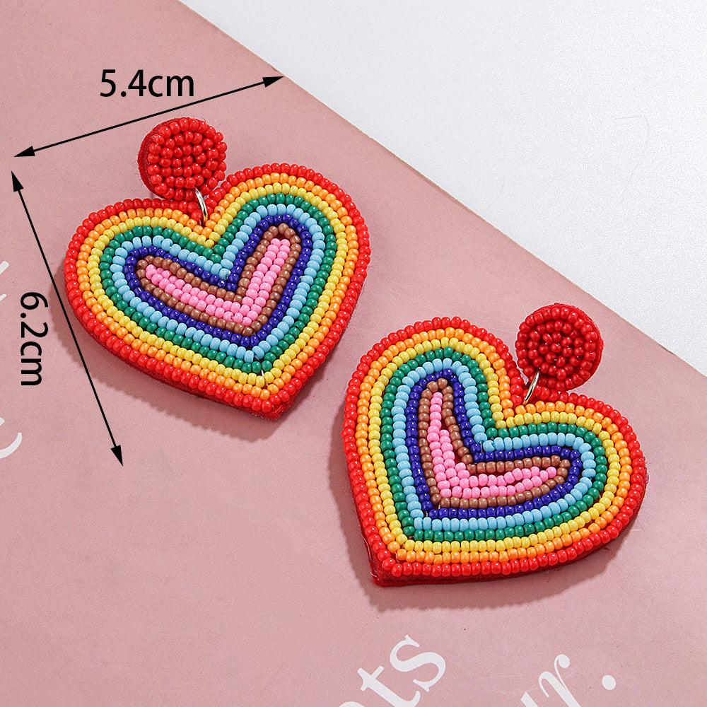 1 Pair Casual Sweet Artistic Rainbow Heart Shape Cloth Seed Bead Drop Earrings