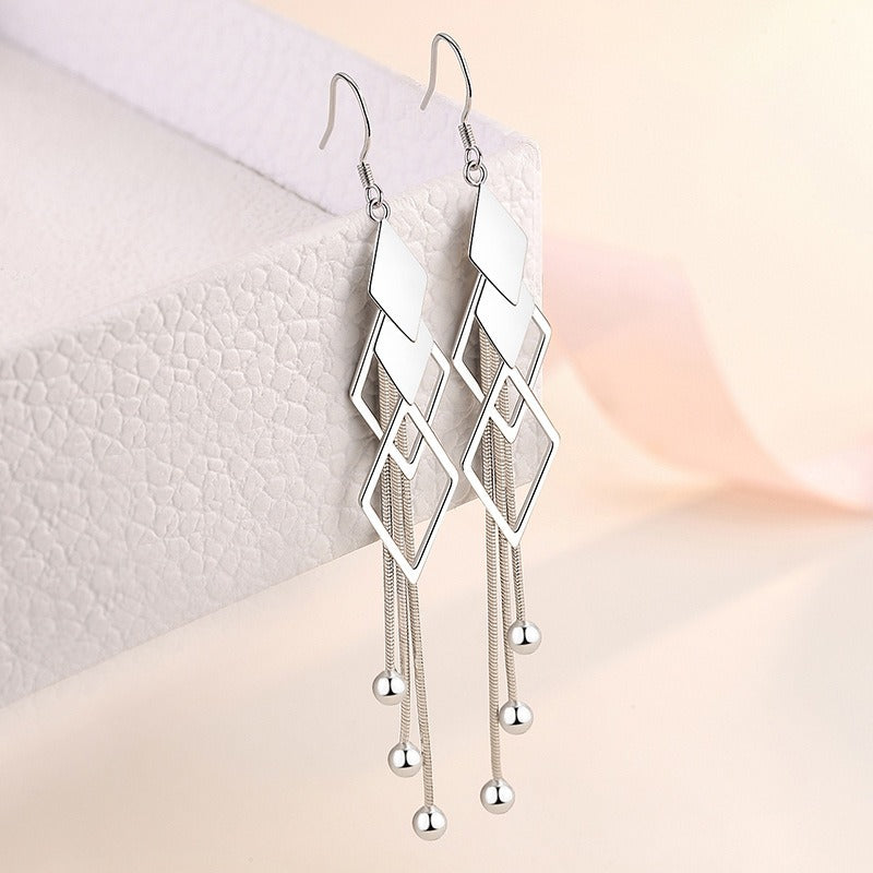 1 Pair Elegant Geometric Rhombus Irregular Tassel Sterling Silver