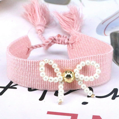 Elegant Classic Style Bow Knot Imitation Pearl Rope Women's Drawstring Bracelets