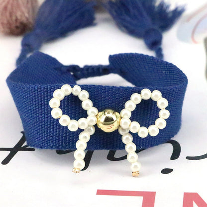 Elegant Classic Style Bow Knot Imitation Pearl Rope Women's Drawstring Bracelets