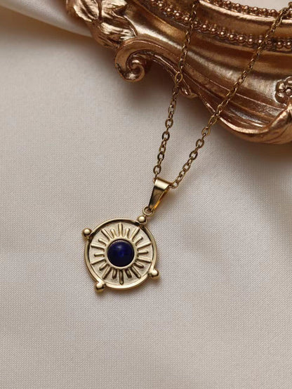 Stainless Steel 18K Gold Plated Vintage Style French Style Round Oval Eye Inlay Natural Stone Pendant Necklace