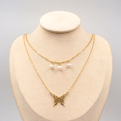 Titanium Steel 18K Gold Plated Casual Modern Style Simple Style Butterfly Double Layer Necklaces