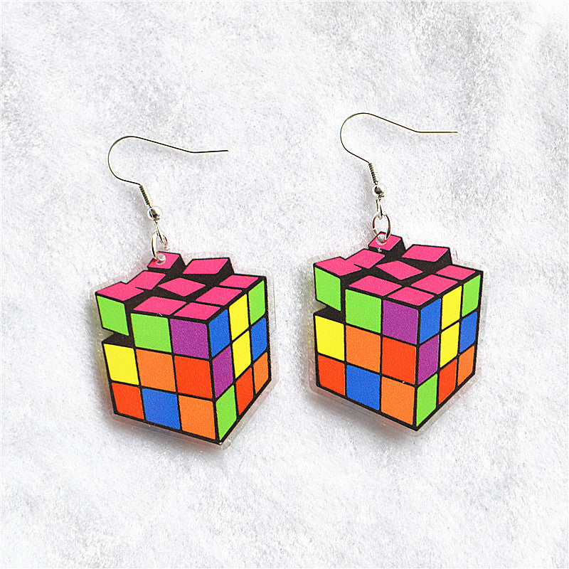 1 Pair Cute Funny Geometric Rubik'S Cube Arylic Alloy Drop Earrings