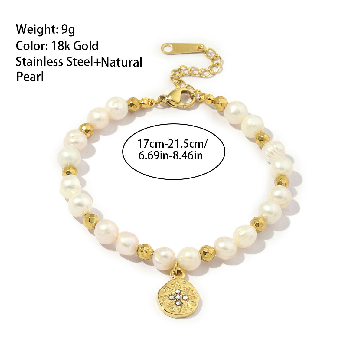 Stainless Steel Freshwater Pearl 18K Gold Plated Elegant Sun Inlay Zircon Bracelets