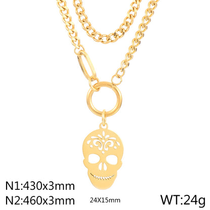 Stainless Steel Hip-Hop Simple Style Skull Hollow Out Double Layer Necklaces