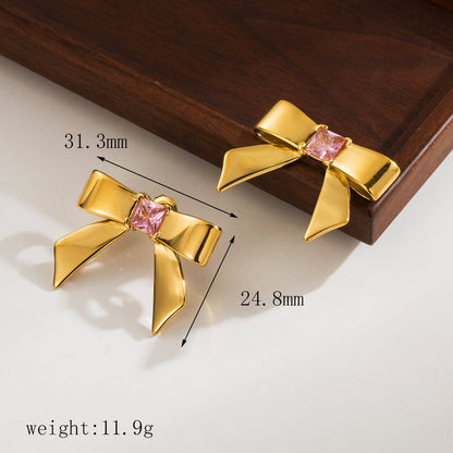 Stainless Steel 18K Gold Plated Casual Cute Bow Knot Inlay Zircon Earrings Necklace