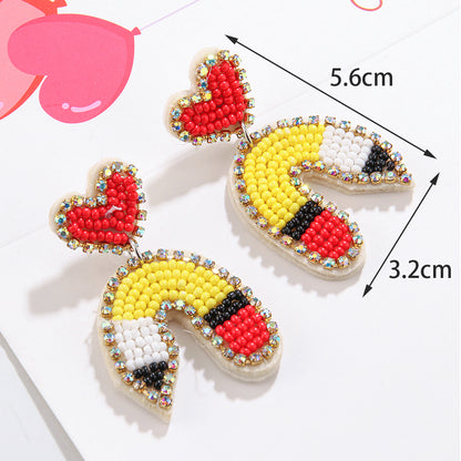 1 Pair Bohemian Letter Heart Shape Pencil Beaded Cloth Glass Drop Earrings