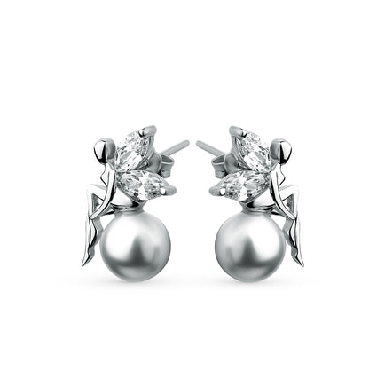 1 Pair Elegant Butterfly Inlay Sterling Silver Artificial Pearls Zircon White Gold Plated Ear Studs