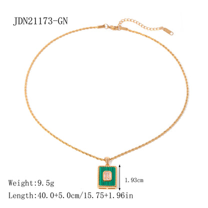 Stainless Steel 18K Gold Plated IG Style Square Inlay Malachite Zircon Pendant Necklace