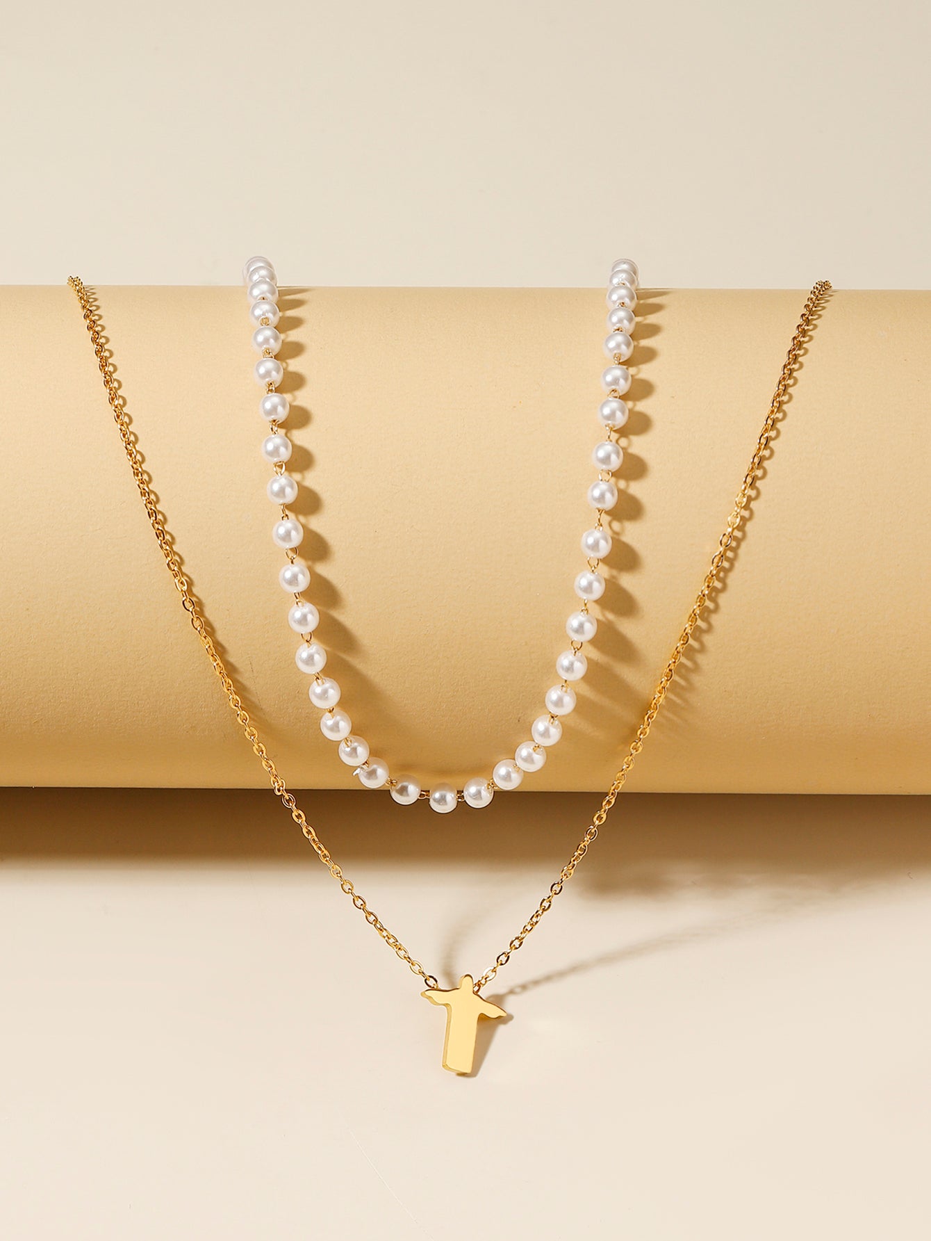 Simple Style Classic Style Cross Stainless Steel Imitation Pearl Beaded Plating Women's Necklace