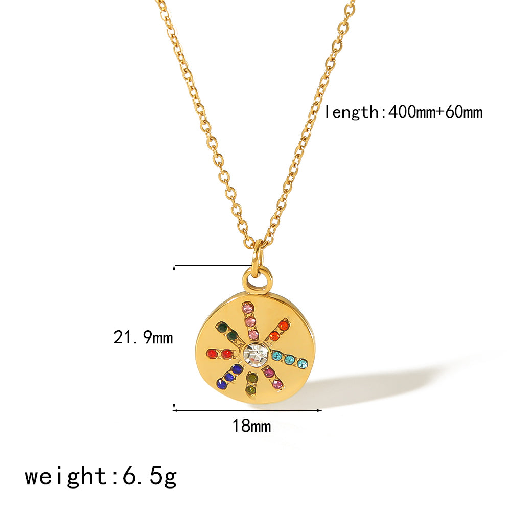 Stainless Steel 18K Gold Plated Glam Lady Classic Style Sun Inlay Zircon Pendant Necklace