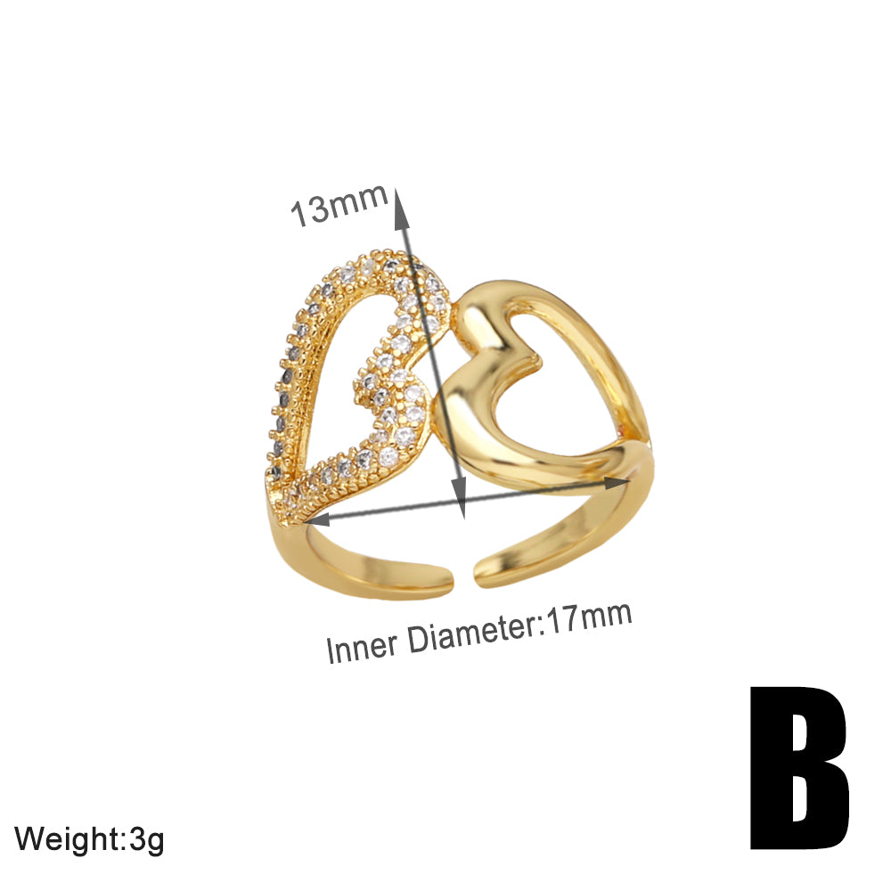 Wholesale Elegant Simple Style Heart Shape Copper Plating Inlay 18K Gold Plated Zircon Rings