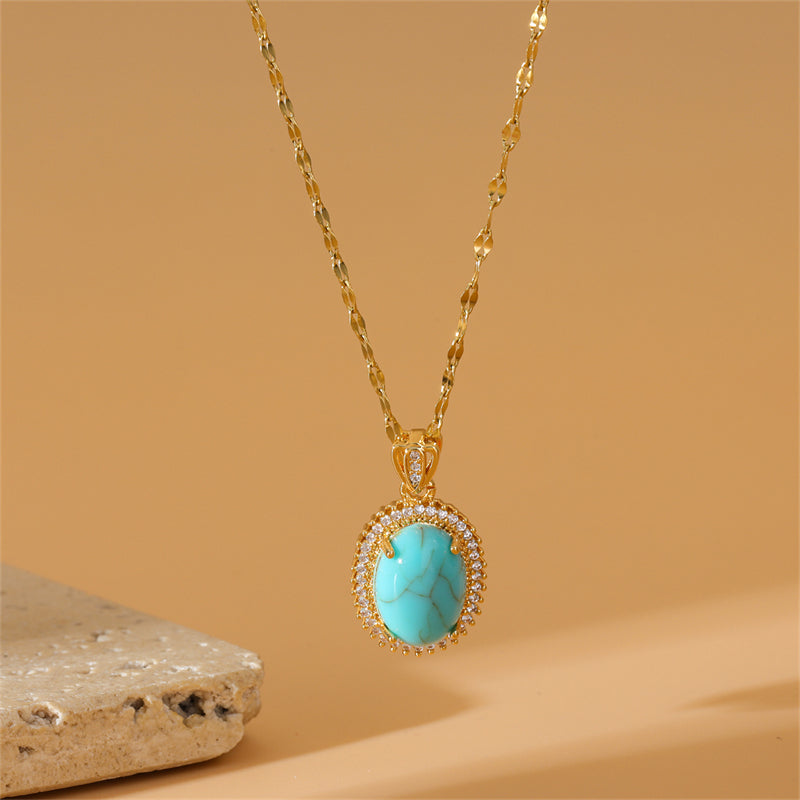 Stainless Steel Copper 18K Gold Plated Simple Style Plating Inlay Water Droplets Turquoise Zircon Pendant Necklace