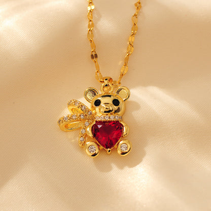 Copper Cute Modern Style Little Bear Inlay Zircon Pendant Necklace