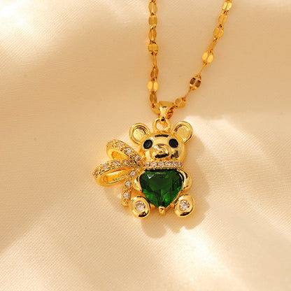 Copper Cute Modern Style Little Bear Inlay Zircon Pendant Necklace