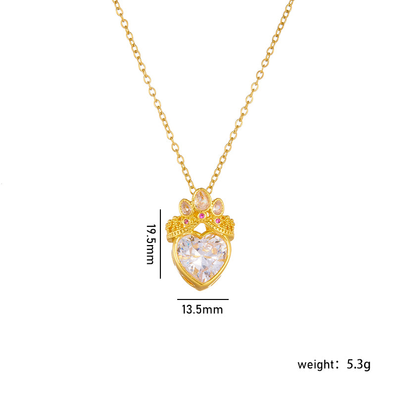 304 Stainless Steel Copper Casual Lady Sweet Inlay Heart Shape Crown Rhinestones Pendant Necklace