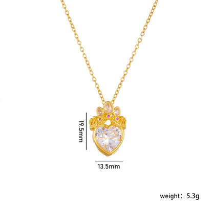 304 Stainless Steel Copper Casual Lady Sweet Inlay Heart Shape Crown Rhinestones Pendant Necklace