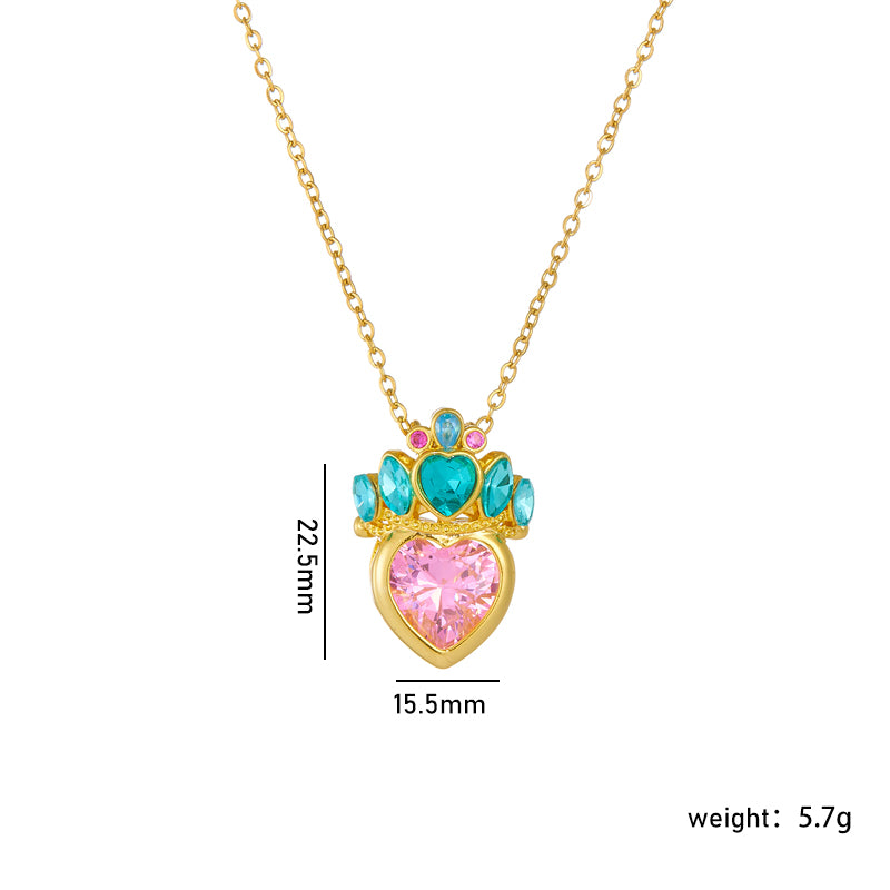 304 Stainless Steel Copper Casual Lady Sweet Inlay Heart Shape Crown Rhinestones Pendant Necklace