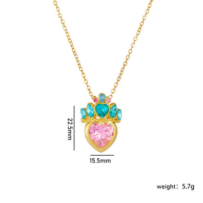 304 Stainless Steel Copper Casual Lady Sweet Inlay Heart Shape Crown Rhinestones Pendant Necklace