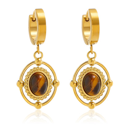 1 Pair Vintage Style Beach Oval Plating Inlay Stainless Steel Tiger Eye 18K Gold Plated Drop Earrings