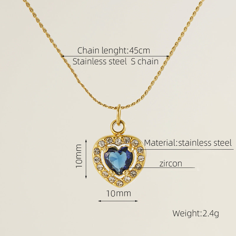 Titanium Steel 18K Gold Plated Elegant Lady Oval Water Droplets Heart Shape Inlay Zircon Pendant Necklace