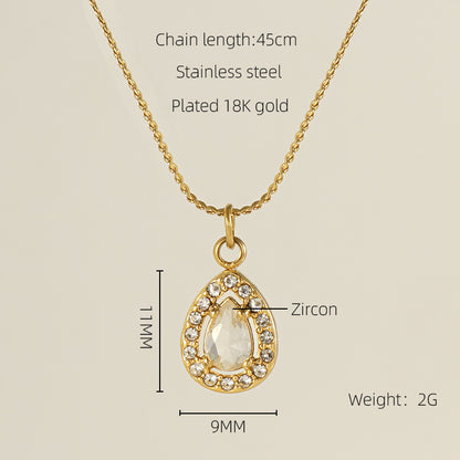 Titanium Steel 18K Gold Plated Elegant Lady Oval Water Droplets Heart Shape Inlay Zircon Pendant Necklace