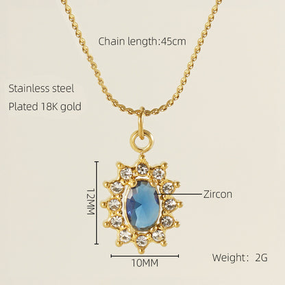 Titanium Steel 18K Gold Plated Elegant Lady Oval Water Droplets Heart Shape Inlay Zircon Pendant Necklace