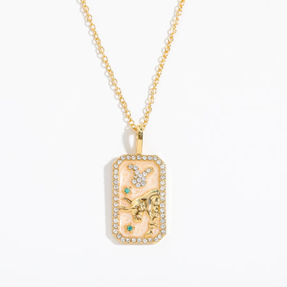 Copper Retro Geometric Inlay Zircon Pendant Necklace