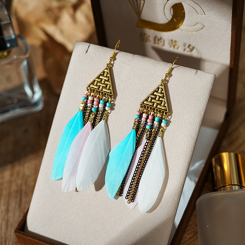 Triangle Multi-layer Chain Long Feather Retro Tassel Alloy Earrings