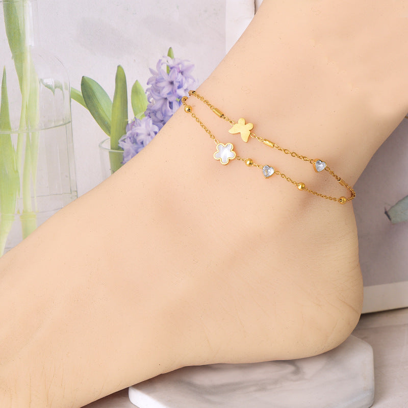 Simple Style Classic Style Heart Shape Titanium Steel Inlay Zircon Women's Anklet